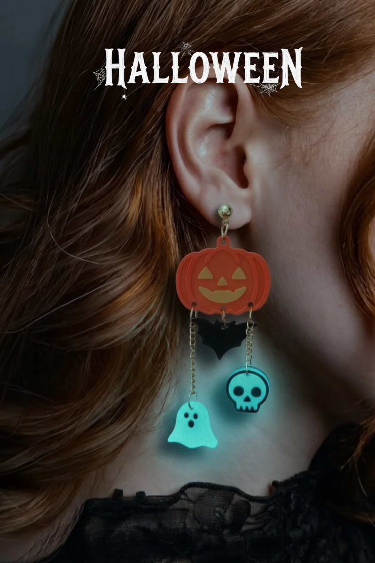 Halloween Cadılar Bayramı Balkabaklı Hayalet ve Kurukafa Sallantılı Küpe